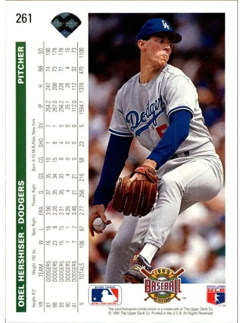 Orel Hershiser 1992 Upper Deck MLB #261 Baseball Card Los Angeles Dodgers